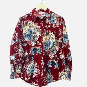 CABIN CREEK Women's Medium Red Corduroy Floral Long Sleeve Collared Button Up